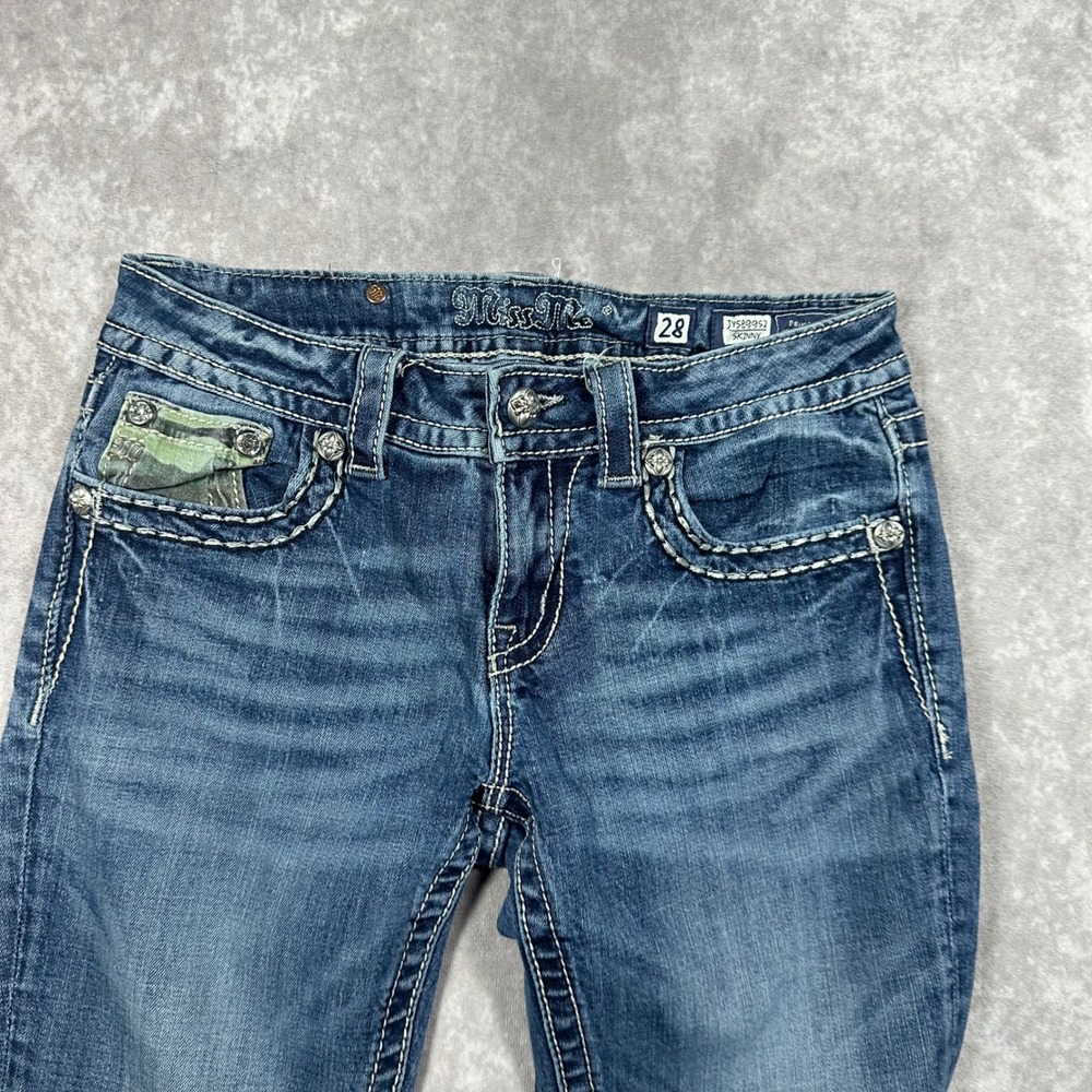 Miss Me Skinny Jeans Womens 28 Medium Wash Camo Embellished Cross Rhinestone Y2K - Picture 4 of 10